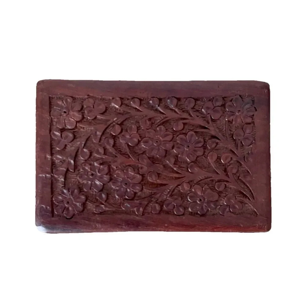 Wood Hand Carved Ornate Trinket Box - India Blue Velvet Inside 6” x 3.75” x 2”
